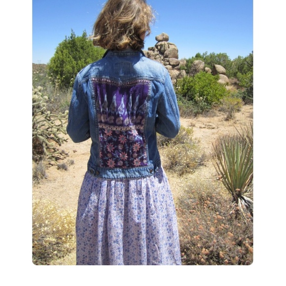 Vintage India Gauze Block Print Custom Patched Insert Levi Denim Jacket - Picture 6 of 10